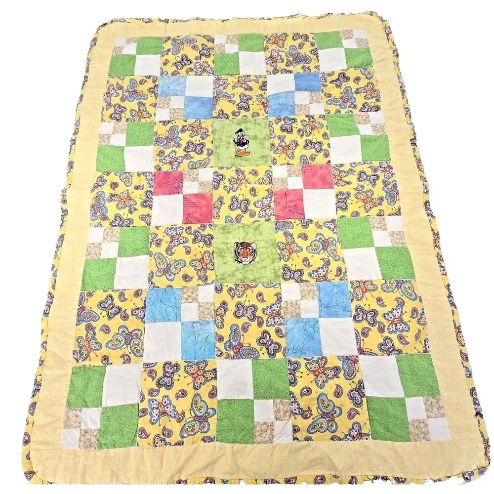 Vintage 70s 80s Handmade Baby Quilt Donald Duck Butterfly Patchwork 33x44